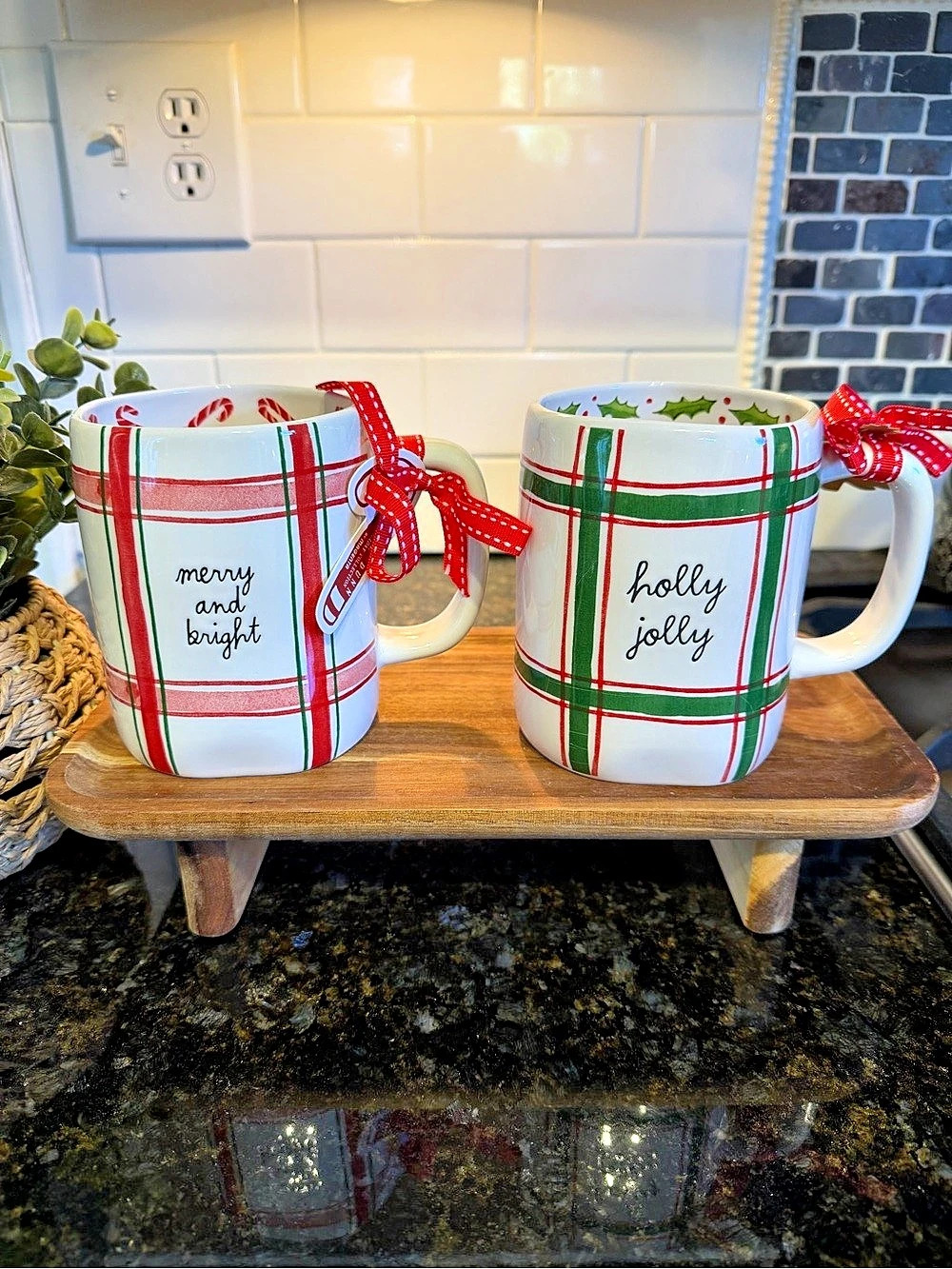Rae Dunn "Holly Jolly" & "Merry & Bright" Christmas Mugs Set